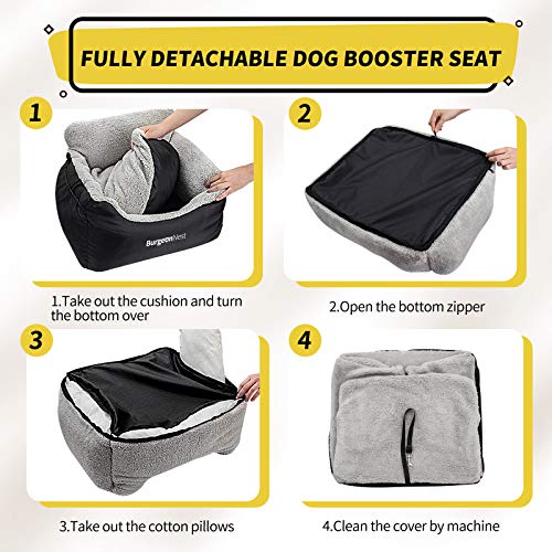 BurgeonNest Dog Car Seat for Small Dogs, Soft Pet Car Travel Home Bed Under 25 lbs, Fully Detachable and Washable Cat Booster Carseats with Storage Pockets and Clip-On Leash Portable Carrier,Black