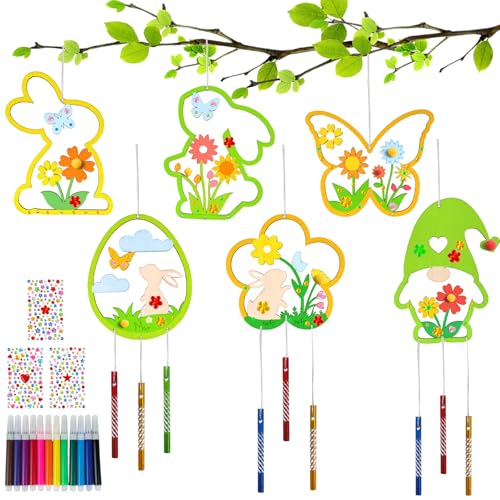 18x Osterdeko Windspiel Bastelset Ostergeschenke Kinder, Holz Ostern Basteln Kinder, Osterhase Ostereier Blumen Schmetterlinge Wichtel, Bastelhandwerk zum Bemalen für Osterndeko Mädchen Junge