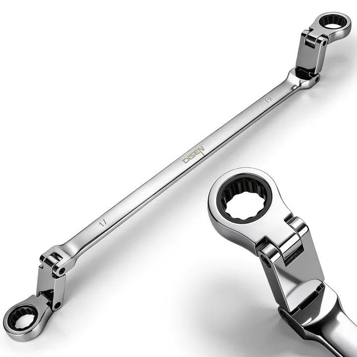 Image of DISEN Extra Long Flex Head Ratchet Wrench Metric 17-19MM, Double Jointed Box End Ratcheting Combination Wrench, 72-Teeth, Cr-V Steel,12 Point