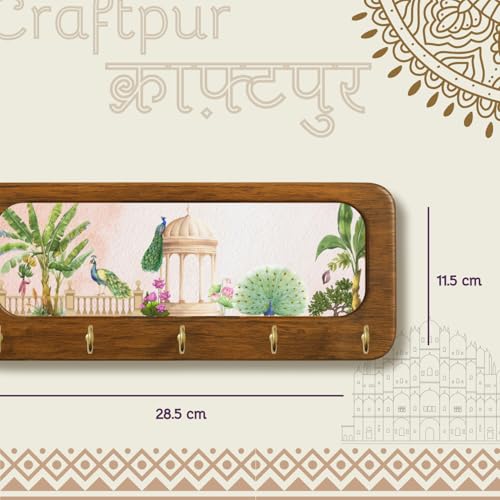 Image of Stylish Wooden Key Holder for Wall | Cute Key Holder for Home Decor | Key Holder Stand with 5 Hooks | Wall Mounted Key Hanger| (Peacock Garden Keyholder)