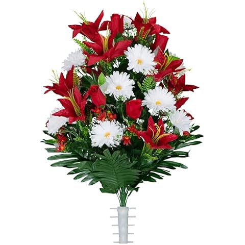 Sympathy Silks Artificial Cemetery Flowers - Gravesite Flowers - Red Lilies with White Daisies and Red Roses - (1) Bouquet Cover