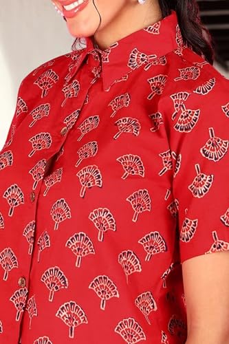 Image of POPWINGS Ethnic Printed Cotton Half Sleeves Regular Fit Crop Shirts for Women Stylish Western Casual Wear