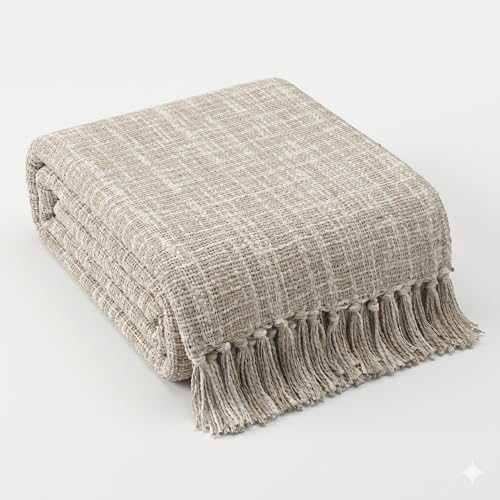 Image of HAKAM Cotton Throw Blanket with Macrame Tassels for 3 Seater Sofa | Ideal for Your Home, Living Room, Sofa, Bed, Chair, Picnic & Used for Gift - 50X70 inch (Beige, Small Single)