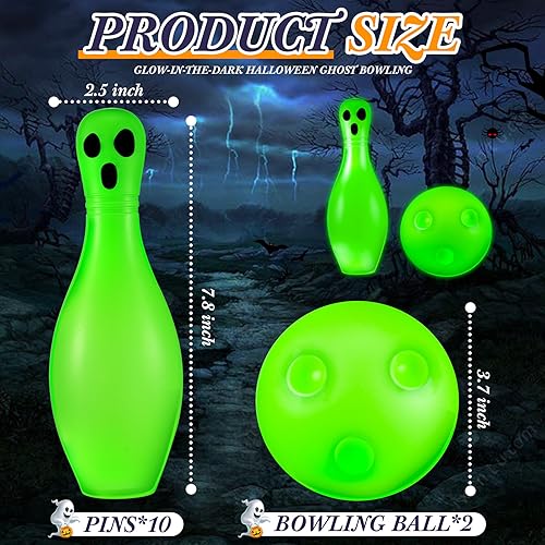 Libima 12 Pcs Glowing Bowling Set Halloween Bowling Pins Glow in The Dark Bowling Kit Toy Game Set with 10 Pins and 2 Balls Bowling Toy Set for Fun Family Party Lawn Yard Sports Games - Thumbnail 2