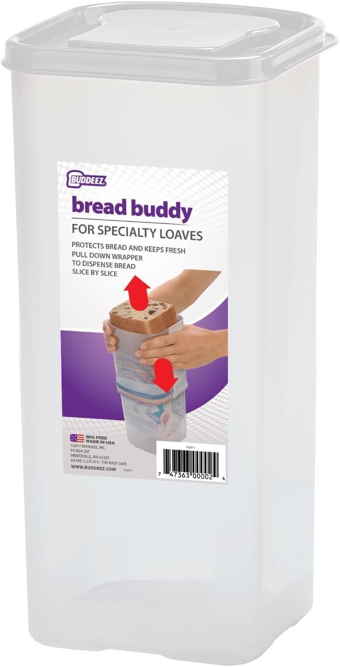 Buddeez Bread Buddy for Wide Pan Loaves, Bread Box, Bread Container, Fresh Home Made Bread Storage Dispenser – White Lid