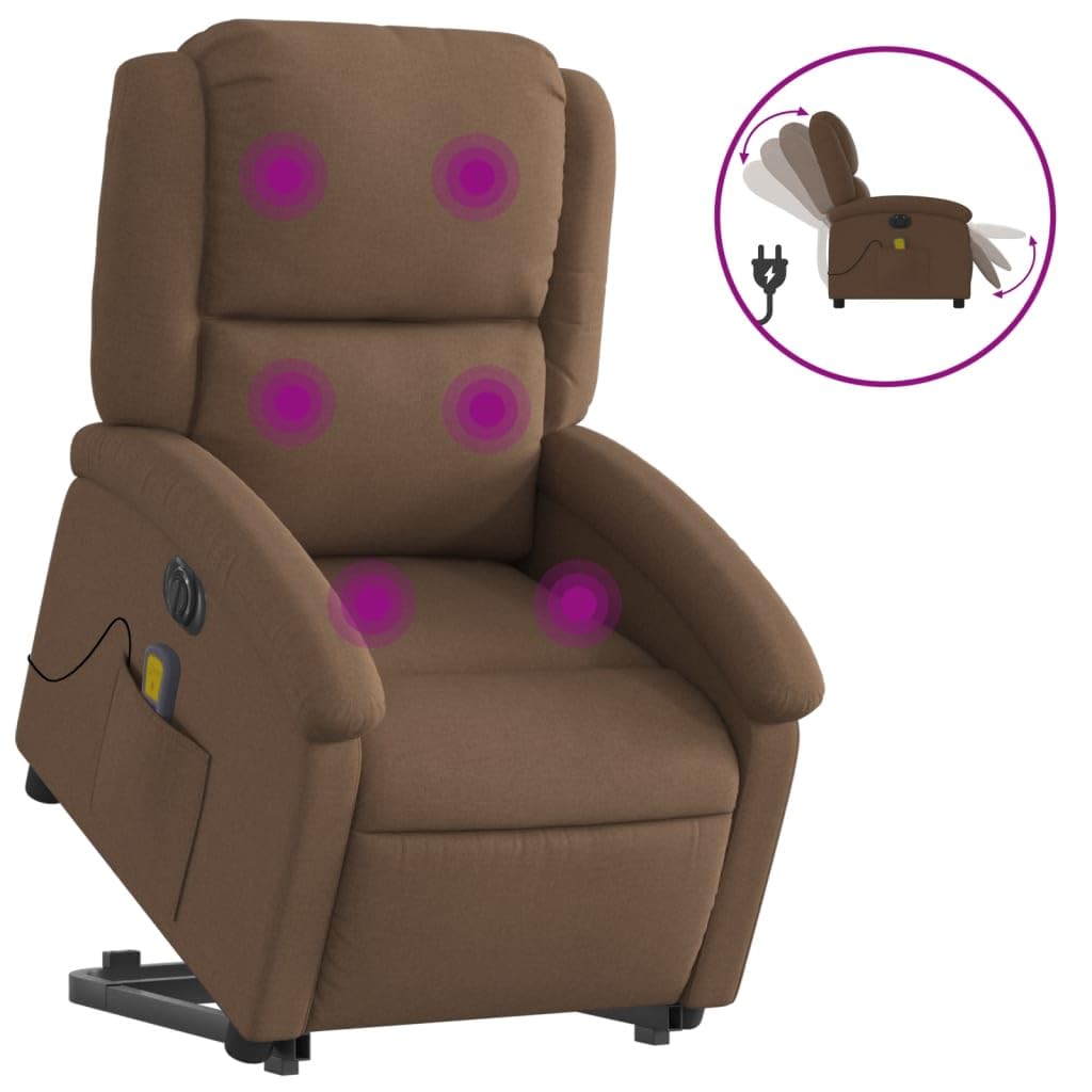Sillón elevador eléctrico reclinable con masaje de 6 puntos, tejido marrón, función elevación y vibración, estructura estable de madera y metal, cómoda con bolsillo