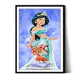 Disney Filmposter Prinzessin Jasmin und der Palast Haustiere von Aladin, klassisches Prinzessinnen-Filmposter, Kunstdruck, gerahmt, mit schwarzem Rahmen, fertig zum Aufhängen, Größe A4
