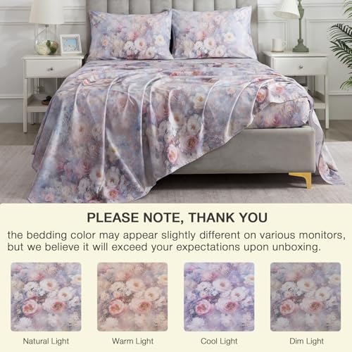 Image of Vintage Floral Percale Sheets, Queen 100% Cotton Shabby Chic Sheet Set, Soft Crisp Purple Flower Bed Sheets, Cozy House Bedding, Deep Pocket Fitted Sheet, White Pink Rose Patterned, 4Pcs