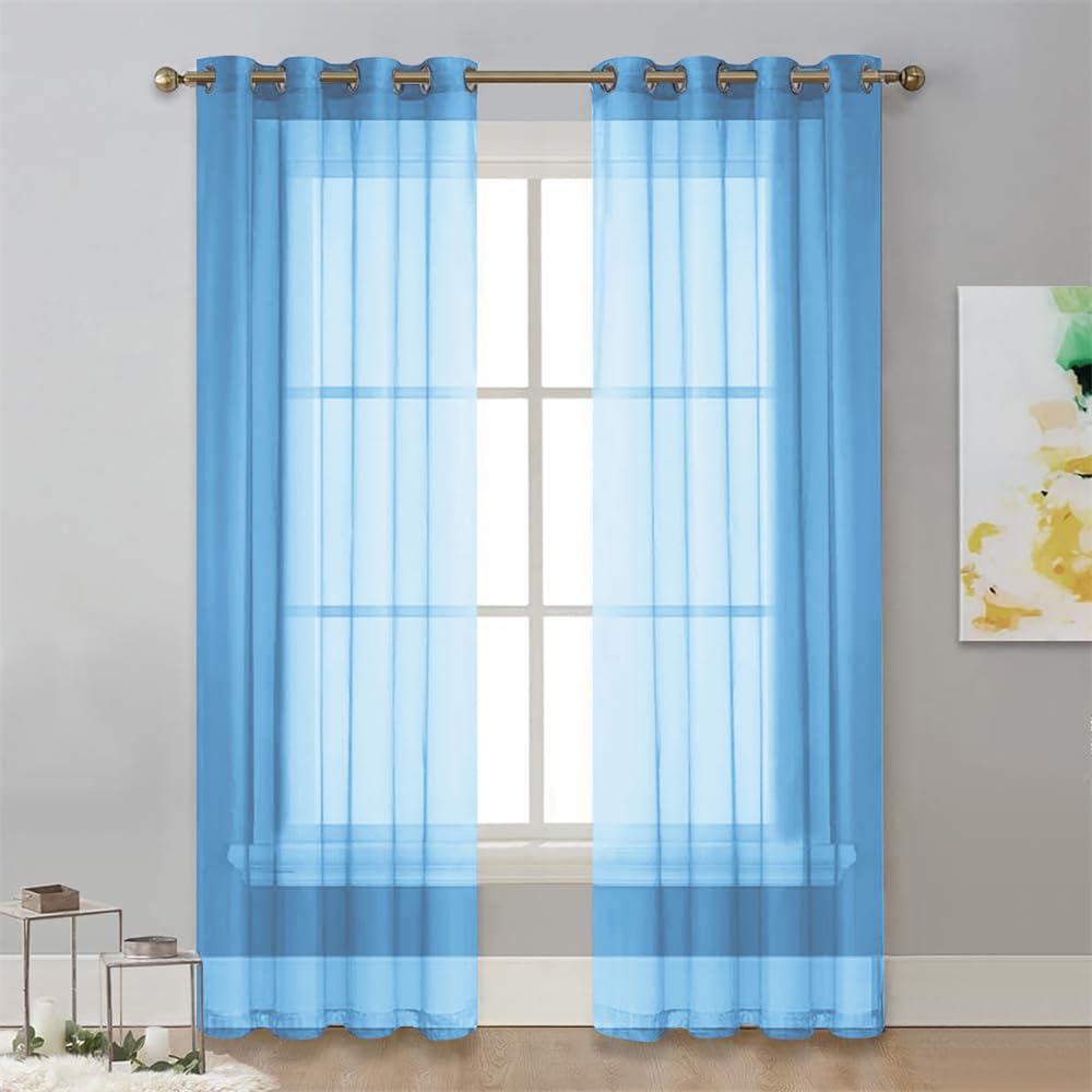 Surwin Color Sólido Translucidas Cortinas Salon, 2 Piezas Cortina con Ojales 100x130 cm Azul, Cocina Dormitorio Cortinas y Moderno Visillos Cortos para Ventanas