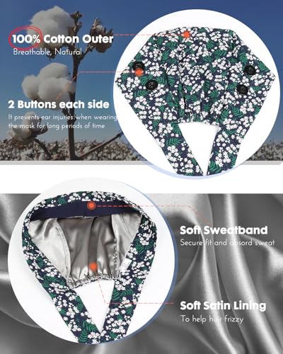 Image of 2 Pcs Satin Lined Scrub Cap Nurse Hats for Women Men 4 Buttons
