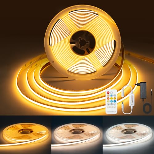 YIFMOO CCT COB LED Streifen, 5M Dimmbar LED Streifen mit Fernbedienung und Netzteil, 24V 2880LED Strip Warmweiss mit 9 Modi, 2700K-6500K, IP65 Licht Band für Wohnzimmer Schlafzimmer Badezimmer Küche