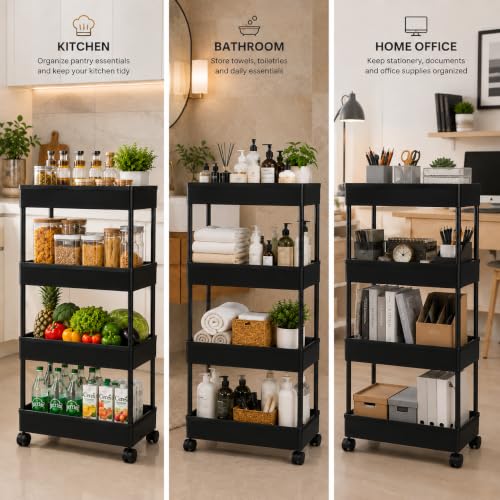 Image of 4 Layer Multipurpose Storage Rack with Plastic Pipe, Kitchen Trolley, Rolling Storage Cart with Wheels, Multipurpose Storage Rack, Kitchen Organizer Rack, Multipurpose Trolley (Black) (Black, 4 Layer)