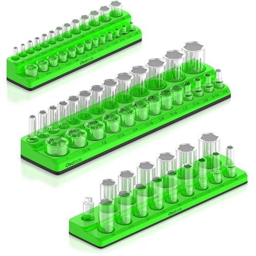 Image of Olsa Tools Magnetic Socket Organizer - 3-Piece Drive SAE Socket Holder Set with Strong Magnets - Professional Tool Holder and Organizer - Stores up to 68 Sockets - Green - Part: 1148