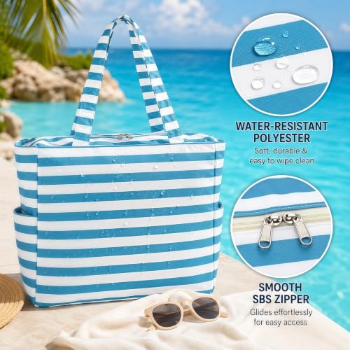 Image of LEDAOU Large Beach Bag Women Waterproof Sandproof Zipper Beach Tote Pool Bag for Swim Gym Grocery Travel with Wet Pocket