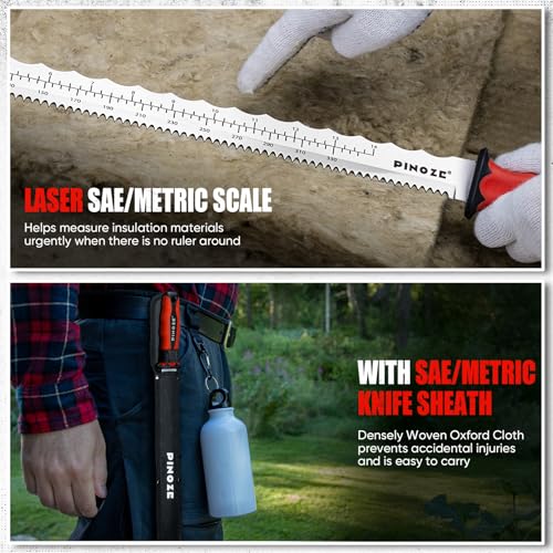 Image of Pinoze 16 inch Insulation Knife, Stainless Steel Blade Insulation Cutter w /Laser Scale, Dual-Side Serrated Duct Knife Tool with Sheath for Cutting Heat Material Foam /Rockwool /Styrofoam, Garden Sod Cutter
