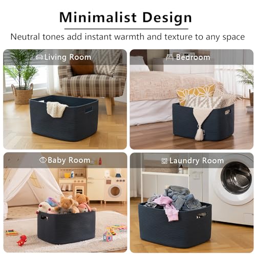 Image of OIAHOMY 75L Large Blanket Basket, Woven Storage Basket with Handle, Cotton Rope Basket 22 inchx17 inchx12 inch,Blanket Basket Living Room, Toy Basket for Nursery, Blue