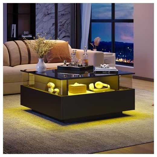 Merax Square Coffee Table with Storage, Modern LED Coffee Table, Square Tea Table with 2 Sliding Drawers, Center Table for Living Room, High Gloss Tabletop, Black, 70x70x41cm