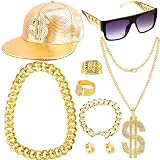 YAROMO 80s 90s Rapper Accessories Outfit for Men, Hip Hop Hat Old School Rapper Sunglasses Faux Gold Rope Chain Bracelet Dollar Sign Chain Ring Dress Up Party Decorations