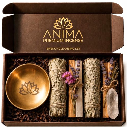 Anima Premium Energy Cleansing Set – White Sage Smudge Sticks, Palo Santo Sticks, Clear Quartz & Selenite Crystal with Smudge Bowl for Crystals & Home Cleansing, Meditation & Manifestation