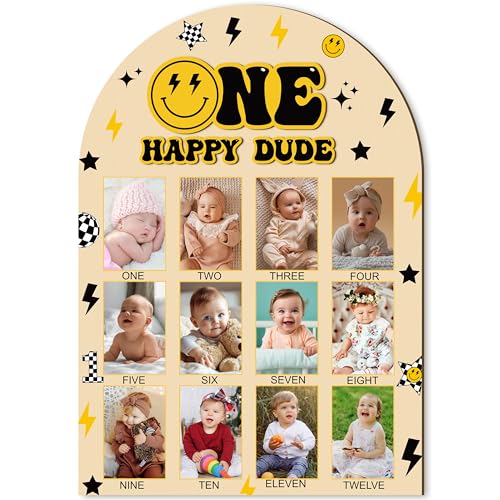 R HORSE My First Year Photo Frame Board - Fits 2 x 3 Inch Photo 3D One Happy Dude Birthday Decoration Display Wood Board Baby Boy First Year Picture Frame 12 Months Milestone 1st Birthday Nursery Decor Gift