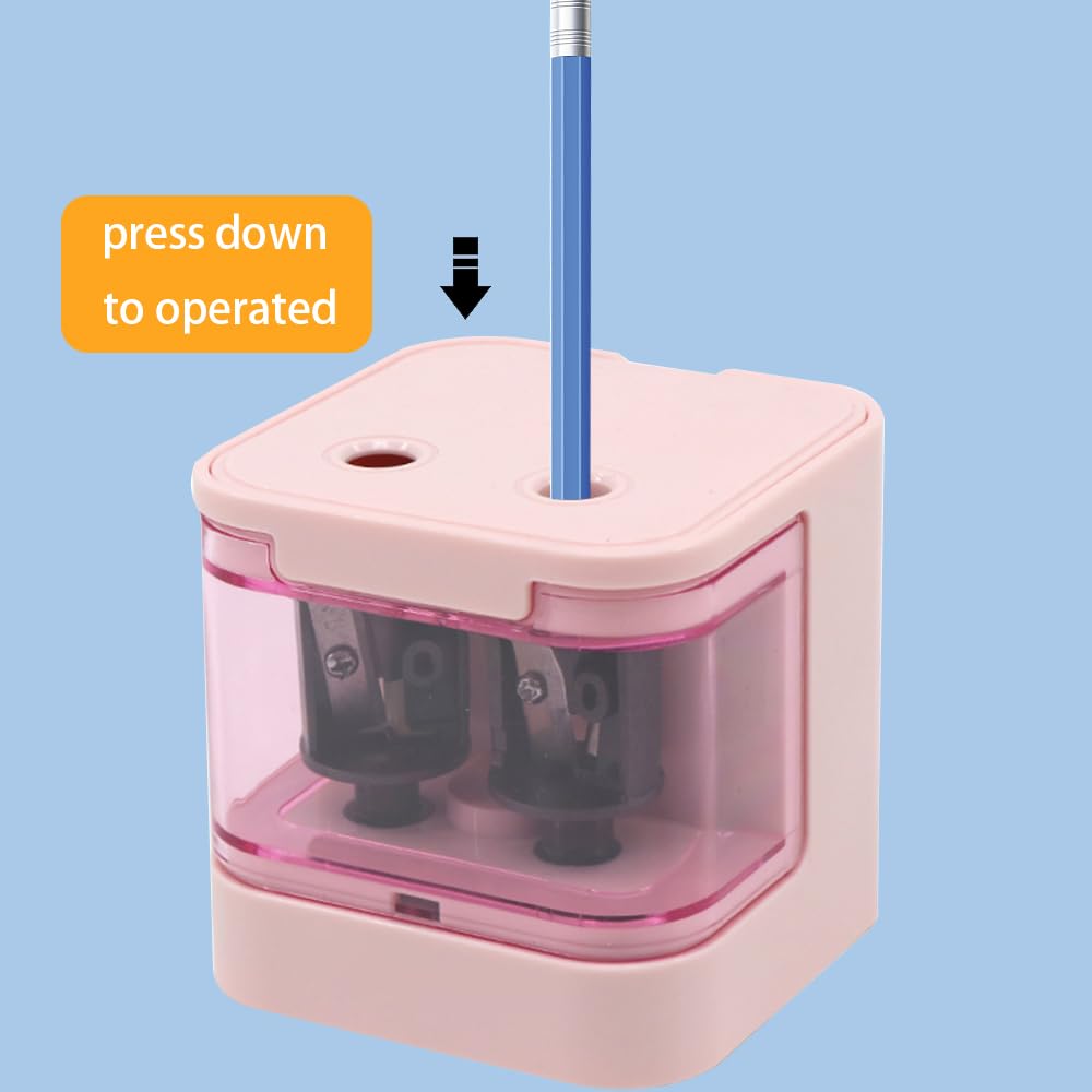 Taille-crayon électrique Sans Fil Pour Enfants JIJICZ - Double Trou - Grand Réservoir - Alimentation Par Batterie - Robuste Et Durable - Rose