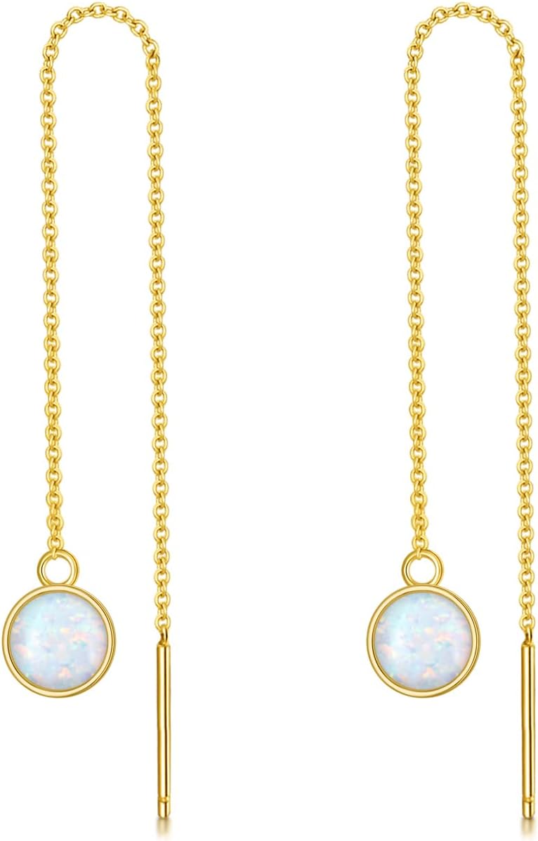 Pull Through Earrings 14K Solid Gold Threader Earrings For Women Dainty Birthstone Opal Long Chain Earring Dangle Hanging Drop Earring For Mom Wife Birthday Mothers Day
