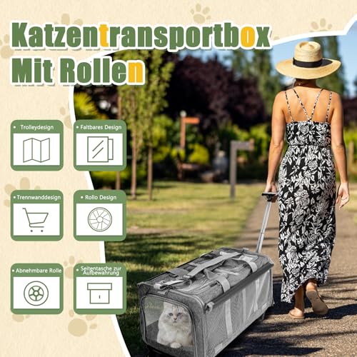Katzentransportbox Mit Rollen, Faltbarer Groß Katzentransporttasche, Abnehmbaren Katzenbox Transportbox Mit Fächern, Katzen Transportboxen Für 2 Katzen, Vorhangstil Belüftetes