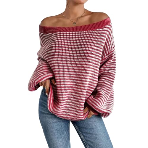 Women's Off The Shoulder Long Sleeve Striped Sweaters Fall Trendy Pullover Knit Lightweight Drop Shoulder Tops