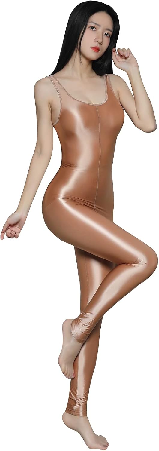 LESOYA Women's Sexy Satin Shiny Glossy Bodystocking Sleeveless Zipper Crotch Leotard Bodysuit Catsuit