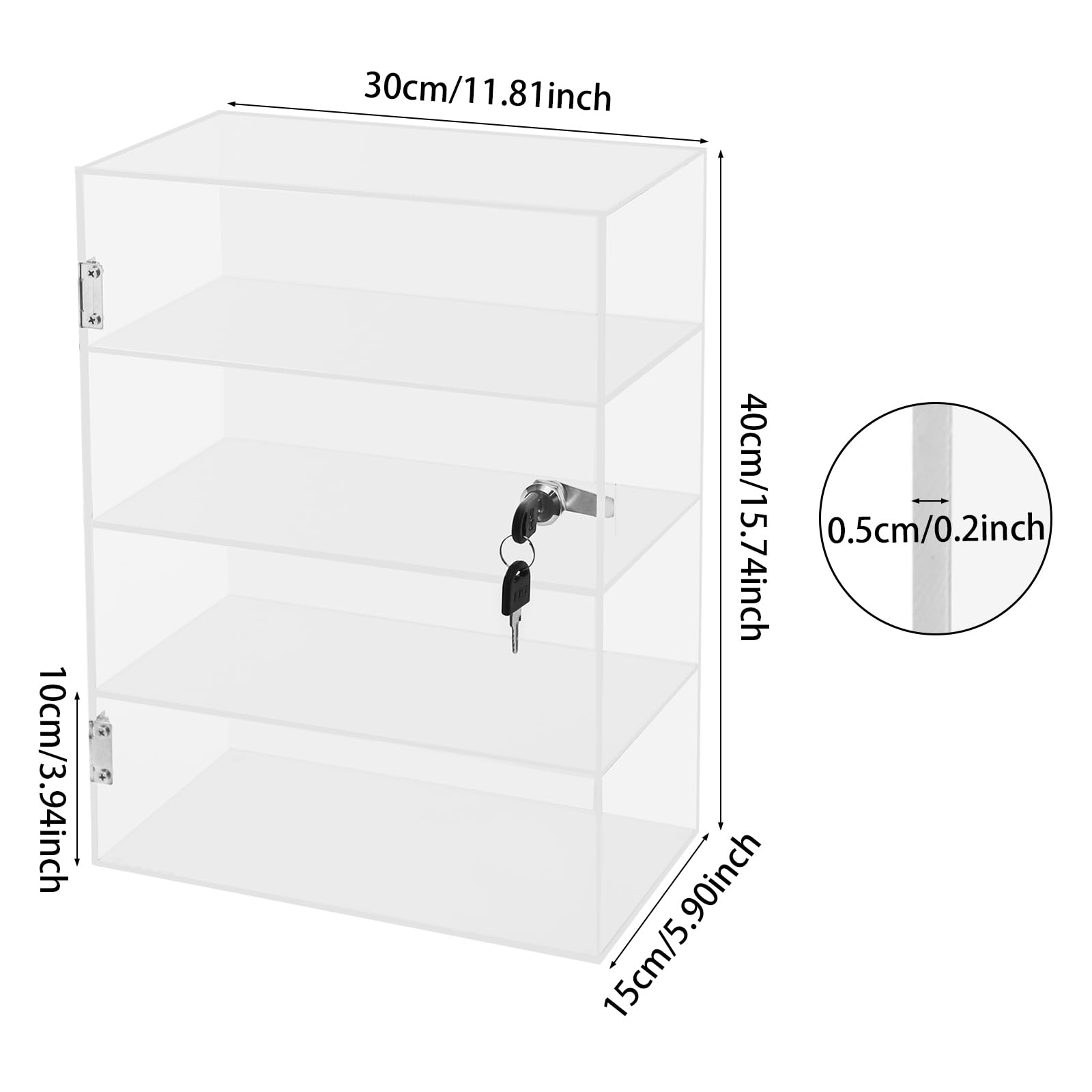 Acryl-Vitrine 30x15x40cm 4 Ebenen bis 12kg mit Schlüssel Transparenter Aufbewahrungsschrank