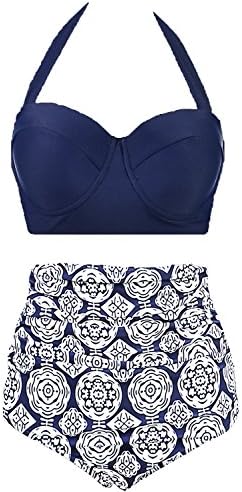 AMOURRI Vintage Polka Underwire High Waisted Swimsuit Bathing Suits Bikini,Navy Blue,US 6-8= Tag Size L