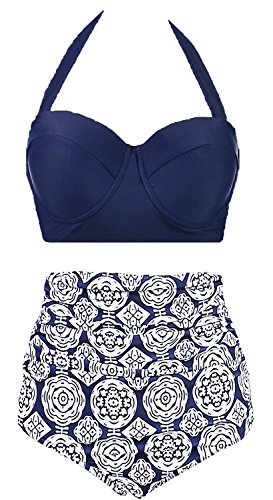 Amourri Vintage Polka Underwire High Waisted Swimsuit Bathing Suits Bikini,Navy Blue,Us 6-8= Tag Size L #TOP1