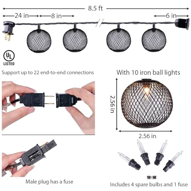 Decorative Lantern String Lights Plug in with 10 Black Metal Ball, Connectable Waterproof Outdoor Decorative String Lights Indoor for Bedroom Patio Pergola Decor