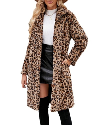 Sexyshine Women's Leopard Print Faux Fur Long Coat Winter Fall