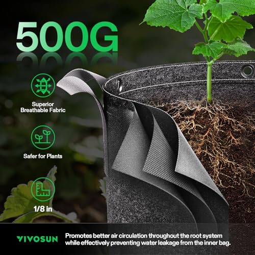 Image of VIVOSUN 10-Pack 15 Gallon Grow Bags, 500G Thick Nonwoven Fabric Pots with Strap Handles, Multi-Purpose Rings, for Low Stress Plant Training Fruits, Vegetables, and Flowers