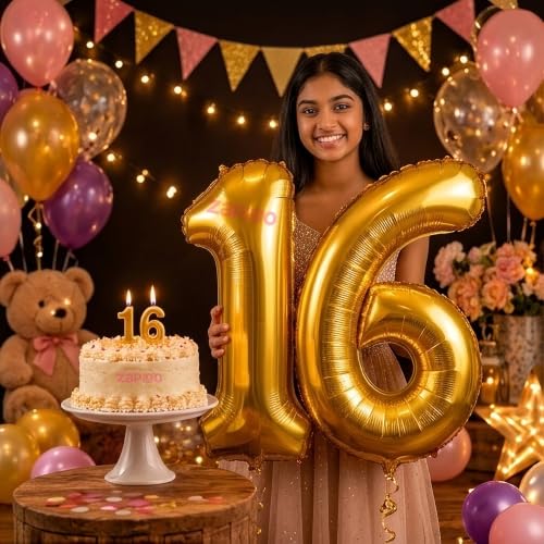 Image of Balloonistics Gold 40-Inch Foil Number 16 Balloon with Matching Number Candle - Combo Set for 16th Birthday, Anniversary, Party Decorations, Photo Booth Backdrop, Cake Table Decor