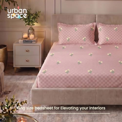 Image of Urban Space 100% Cotton 300TC Jacquard Embroidered bedsheets for King Size Bed, Pure Cotton King Bedsheet, Checks bedsheet King Size with 2 Pillow Covers (108 inch x 108 inch, Neerja Dusty Pink)