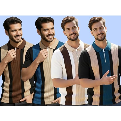 Image of AUSK Men's Retro Cable-Knit Quarter-Zip Polo | Premium Textured Self-Design Half Sleeve T-Shirt for Men