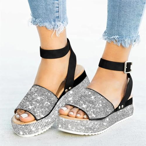 Espadrille Sandals Women Bling Rhinestone Crystals Dressy Platform Ankle Buckle Sandals Summer Beach Shoes Open Toe Glitter Wide Width Wedge Sandal Comfortable E-Black,8.5
