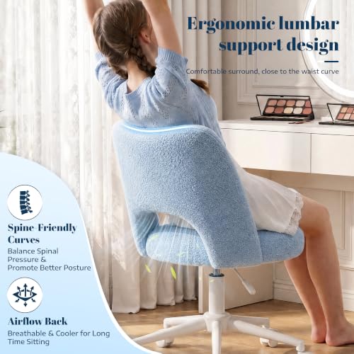 Image of DurayLoly Vanity Chair with Wheels,Open Back, Armless,Light Blue | Chair Soft Teddy Fabric 6 inch Thick Cushion, Height Adjustable 17.5 inch-21.5 inch, 360 Swivel for Vanity Table, Home Office