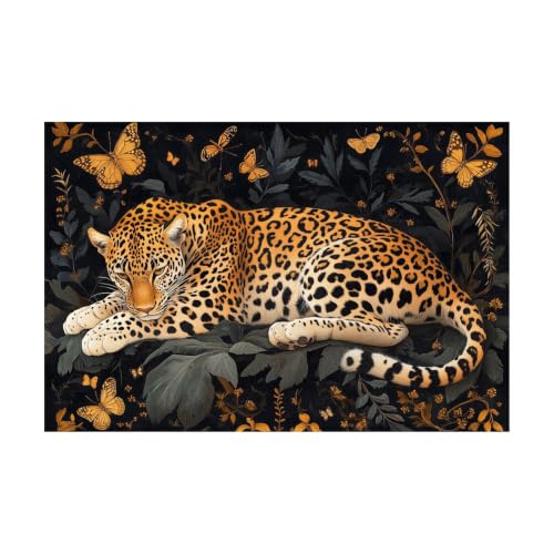 Cuadro de jaguar vintage tumbado en follaje verde, ideal para decorar un dormitorio elegante