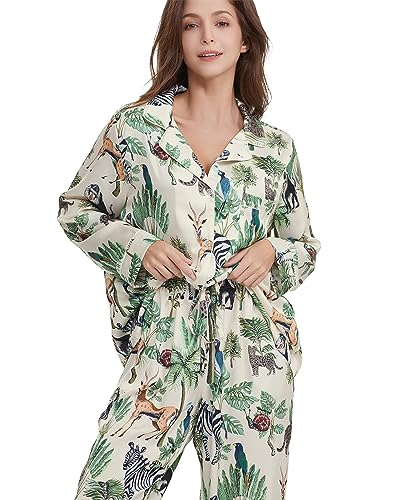 Image of YiNi LuLu Womens Silk Satin Pajamas Set Button Down 2 Piece Pjs Long Sleeve Oversized Sleepwear with Pockets