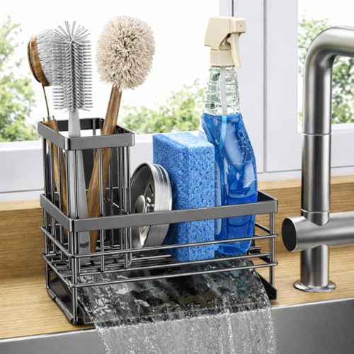 Cisily Sink Caddy Sponge Holder for Kitchen with Brush Holder and Stainless Steel Self Drain Tray, Rustproof Kitchen Sink Organizer for Sponge, Soap Dispenser Storage Accessories