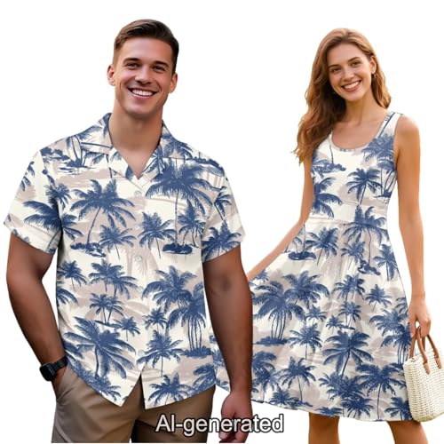 Image of Dreaweet Summer Dresses for Women A-Line Sleeveless Flowy Sun Dresses,Men's Casual Button-Down Shirts,Couple Matching Outfits