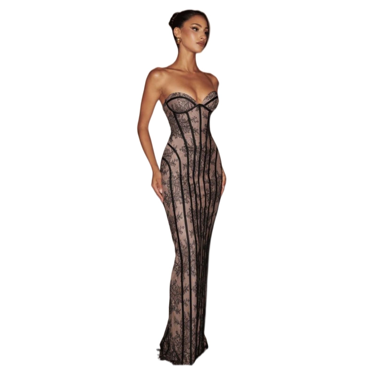 Vestito Donna Elegante Pizzo Maxi Abito Senza Spalline Tesoro Scollo Sottile da Sera in Vita per Festa Formale-Black-s