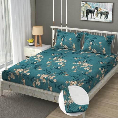 Image of Premium Heavy Cotton Elastic Fitted Bedsheets with 2 King Size Pillow Covers || Double Bed with All Around Elastic 350 TC || 72 x 72 x 10 Inch Queen Size Fitted || - Green Flower
