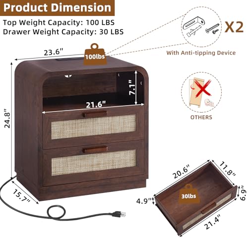 Image of LEYAOYAO Rattan Night Stand with Charging Station, Walnut | 23.6 inch Curved 2 Drawers Nightstand with Storage Shelf & Solid Handle, Boho Bedside Tables for Bedroom, Living Room