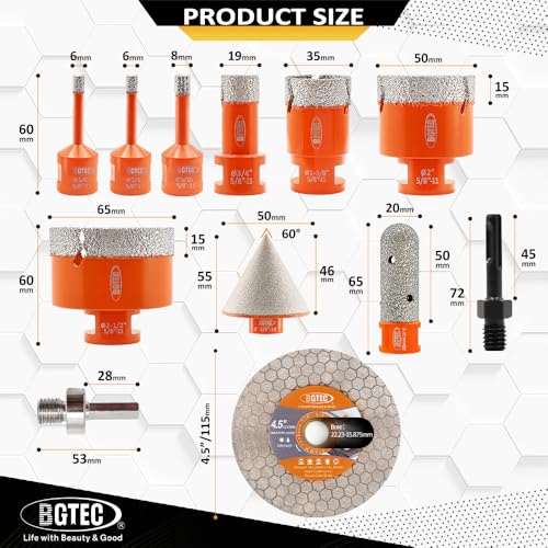 Image of BGTEC Diamond Hole Saw Kit - 12PCS 6 /6 /8 /19 /35 /50 /65mm Drill Bits+20mm Milling Finger Bit+50mm Chamfering Bit+SDS /HEX+115mm Tile Blade for Porcelain Tile Ceramic Granite Marble Stoneware