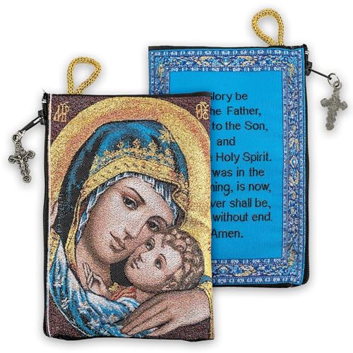 Image of TREE OF LIFE REV. 22:14 Catholic Rosary Pouch, 4 inch x 6 inch Jewelry & Coin Purse with Cross, Small Woven Tapestry Icon Bag, Bolsa de Rosario Catolico para Joyeria, Madonna and Child & Glory Be to the