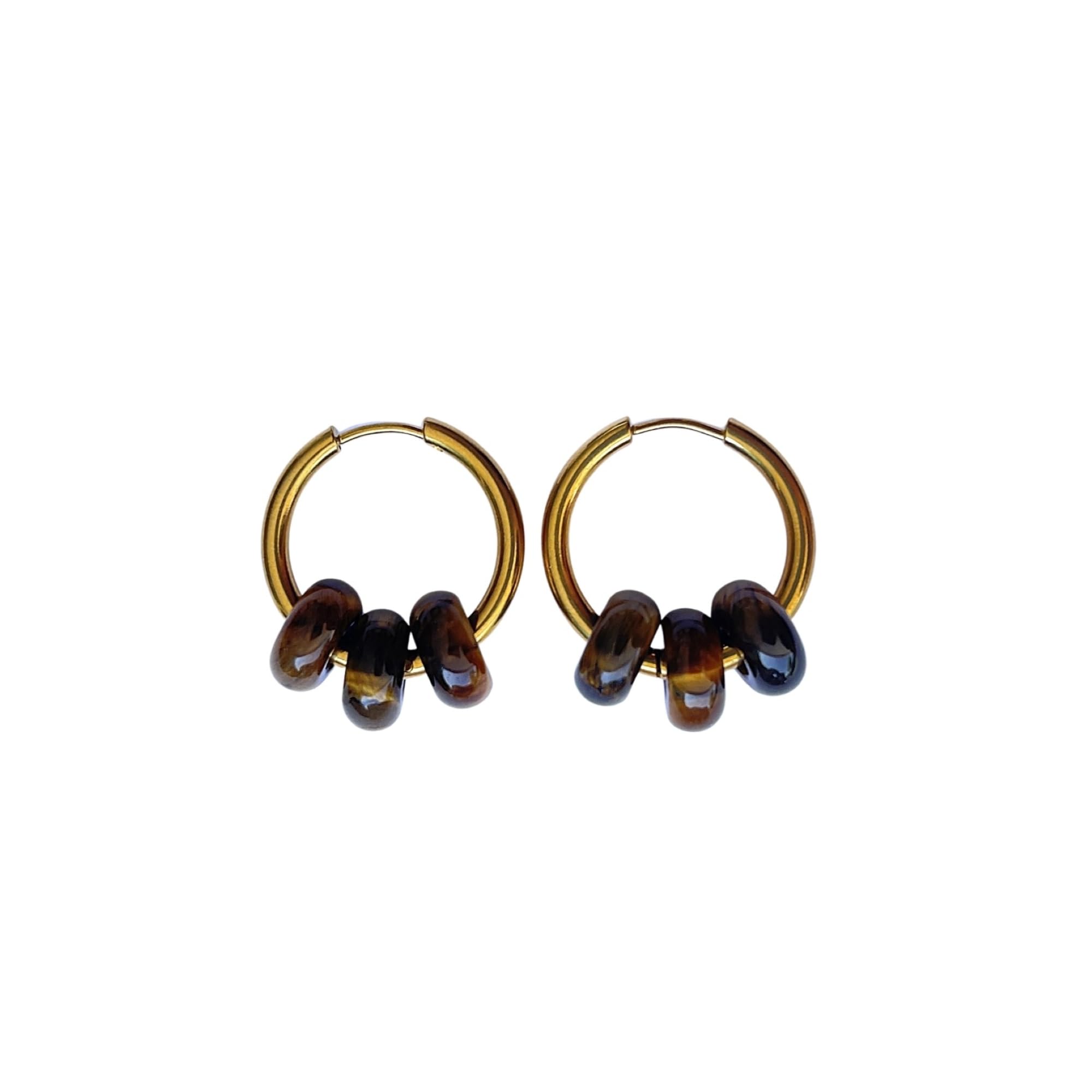 Damen Creolen Ohrringe Vergoldet 24 Karat Gold aus Edelstahl mit Naturstein in Donut-Form - Halbedelstein Schutzamulett - Originelles Geschenk für Frauen - ASTER ALHELÍ (Braun - Tigerauge)